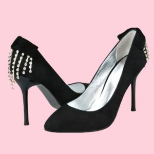 Midnight Allure Black Heels with Sculpted Silver Heel